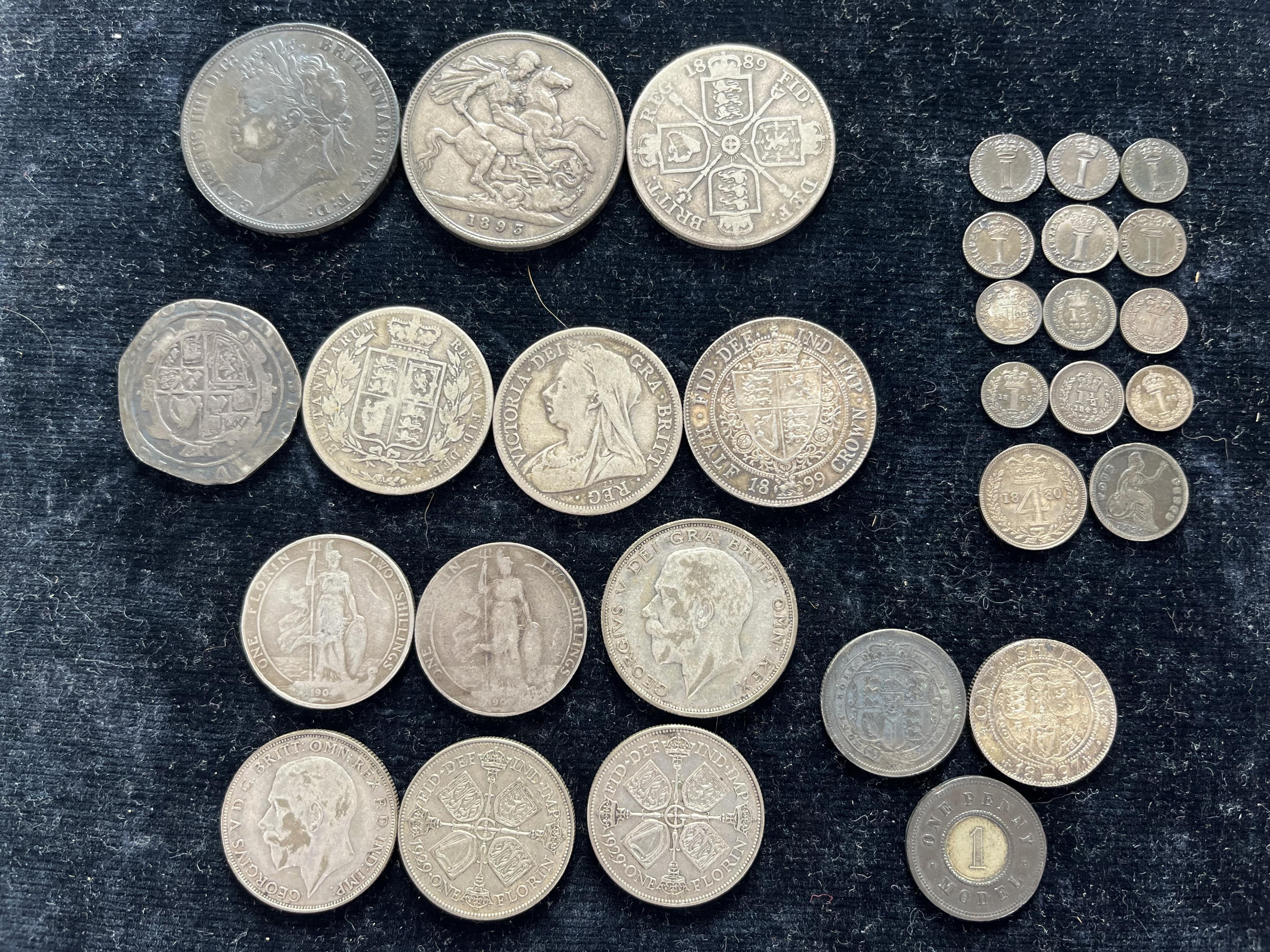 British silver coins, Charles I to George V, including Charles I halfcrown (clipped), George IV crown 1821, Victoria- crown 1893, double florin 1889, halfcrowns, 1883, 1899 (about EF), 1900, shilling 1897, VF, two Edward